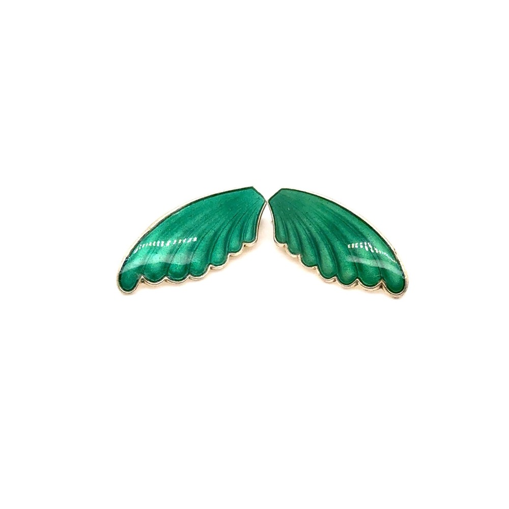 Vintage 925 Sterling Silver Green Enamel Wing Clip On Earrings Gold Tone 4.9g